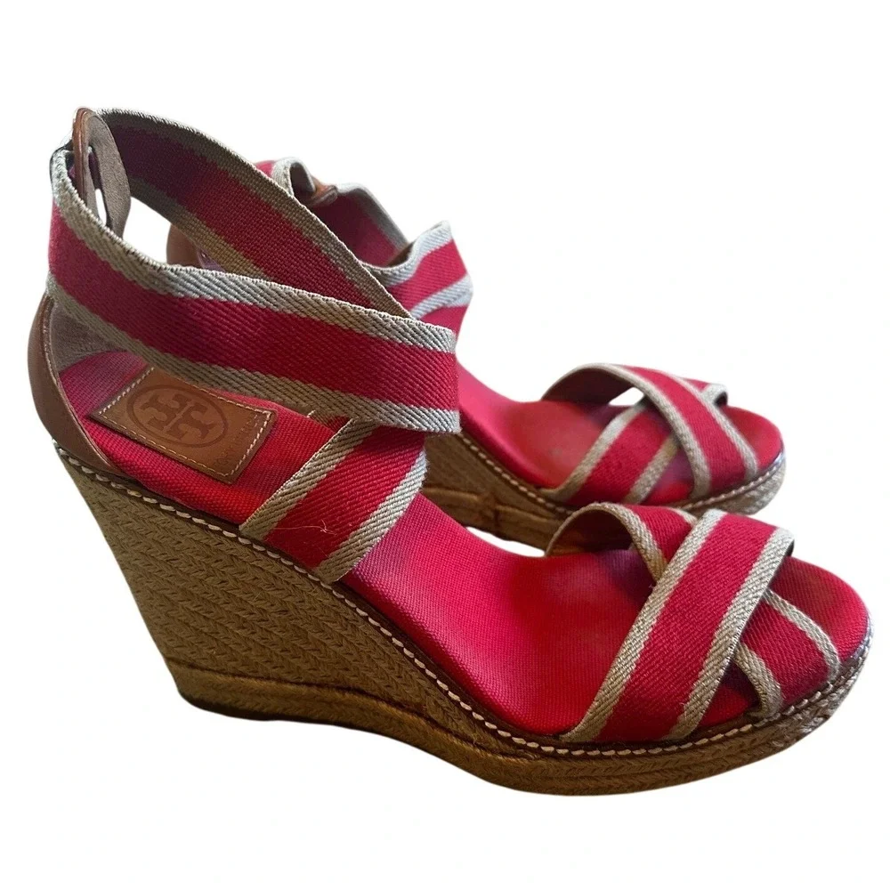 Tory Burch Red Striped Canvas Espadrille Wedge Sandals Women's 11
